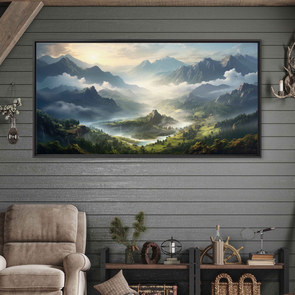 Foggy Watercolor Mountain River Wall Art Print Flowing Stream Peaceful Nature Cloudy Mountain Island Ready To Hang - Image 3