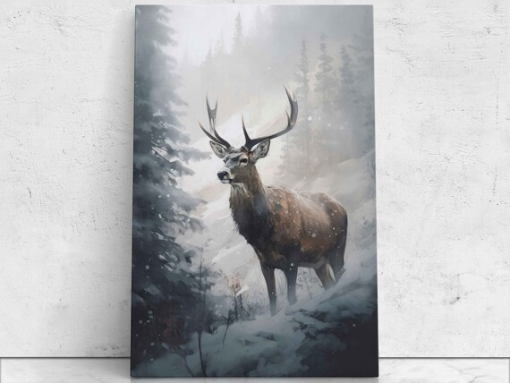 Majestic Stag Deer Snowy Winter Forest Oil Painting Wildlife Poster