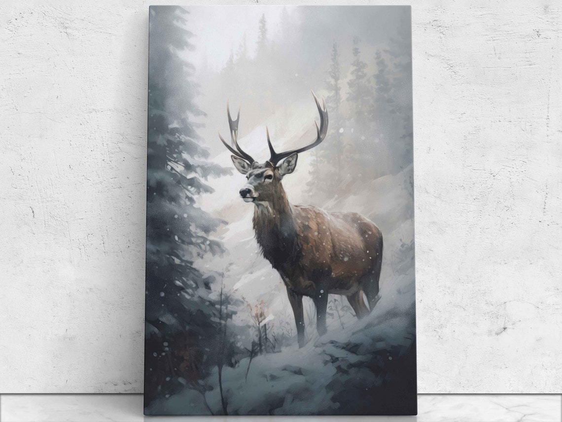 Majestic Stag Deer Snowy Winter Forest Oil Painting Wildlife Poster