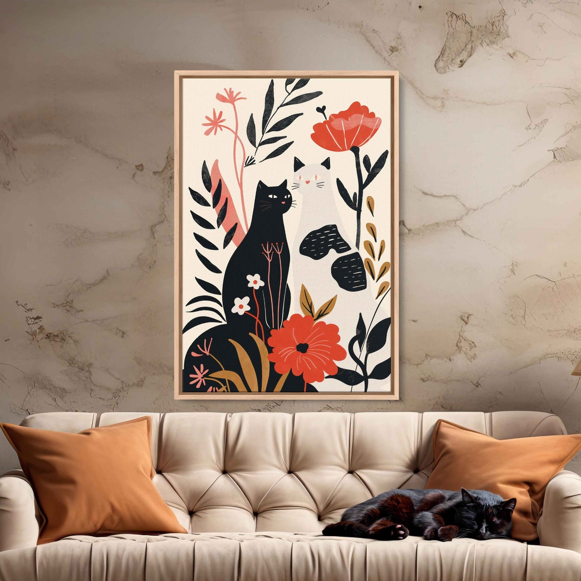 Black and White Cats Among Red Flowers Matisse Style Modern Art Print - Image 3
