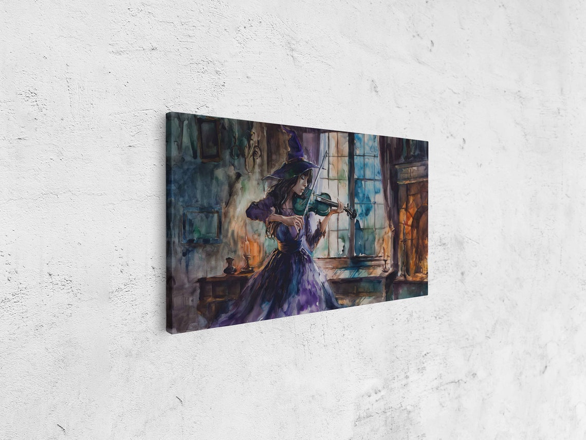Beautiful Witch Playing Violin Cozy Fireplace Room Watercolor Poster - Image 4