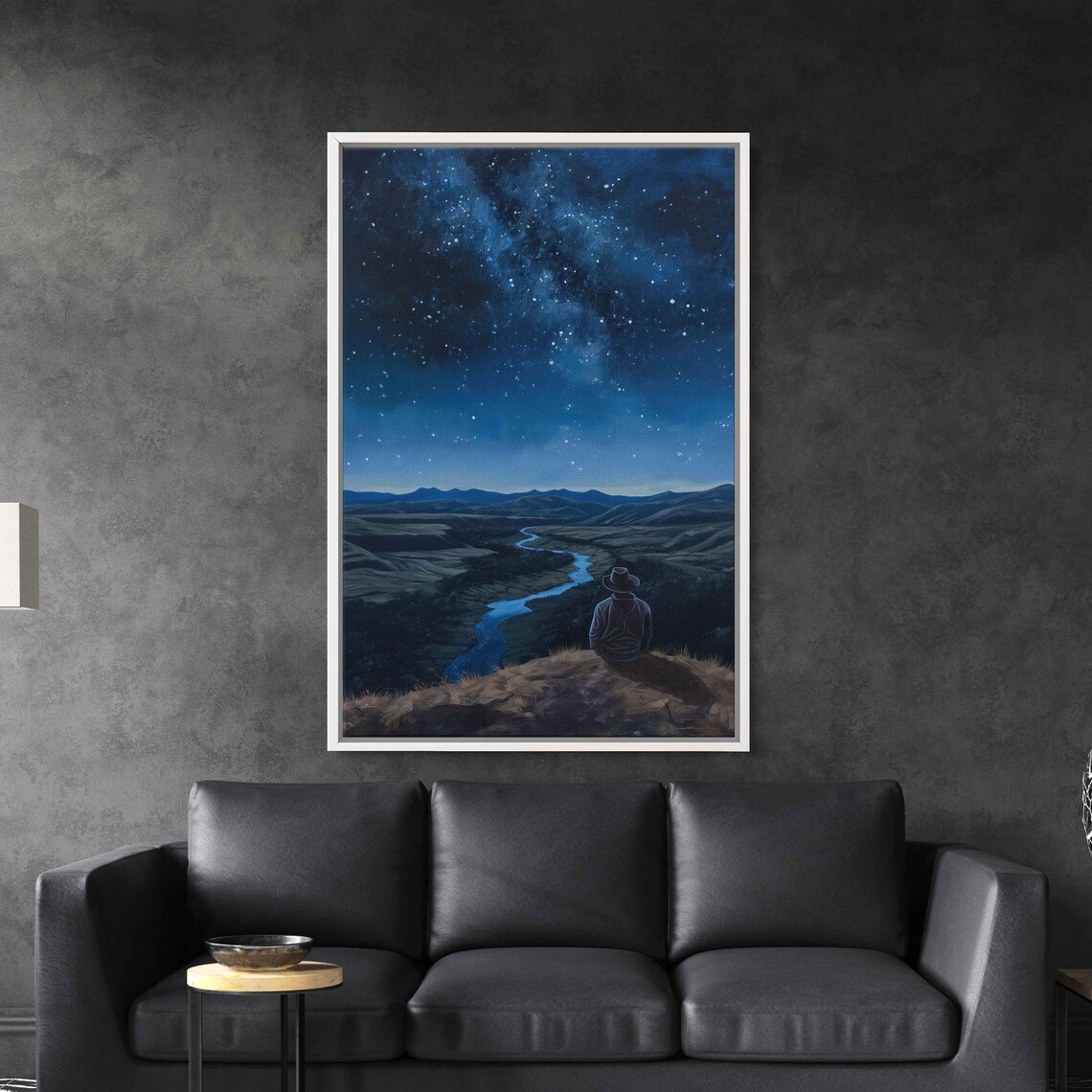 Cowboy Sitting On Cliff Star Filled Sky Mountain Range Peaceful River Wall Art Print Ready To Hang - Image 3