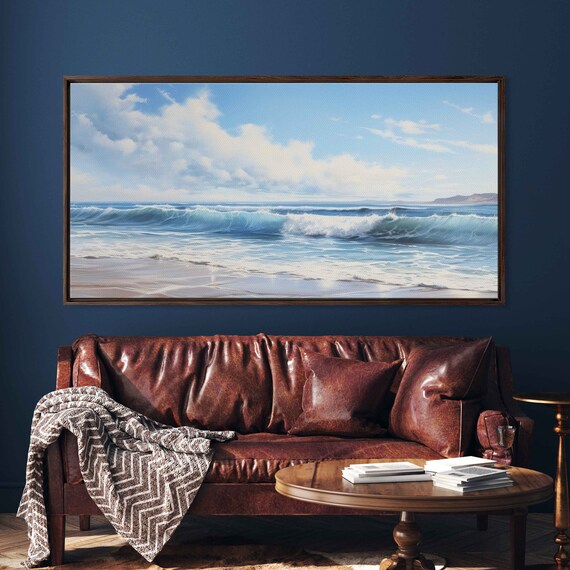 Rolling Ocean Waves Sandy Beach Bright Blue Sky Seascape Poster