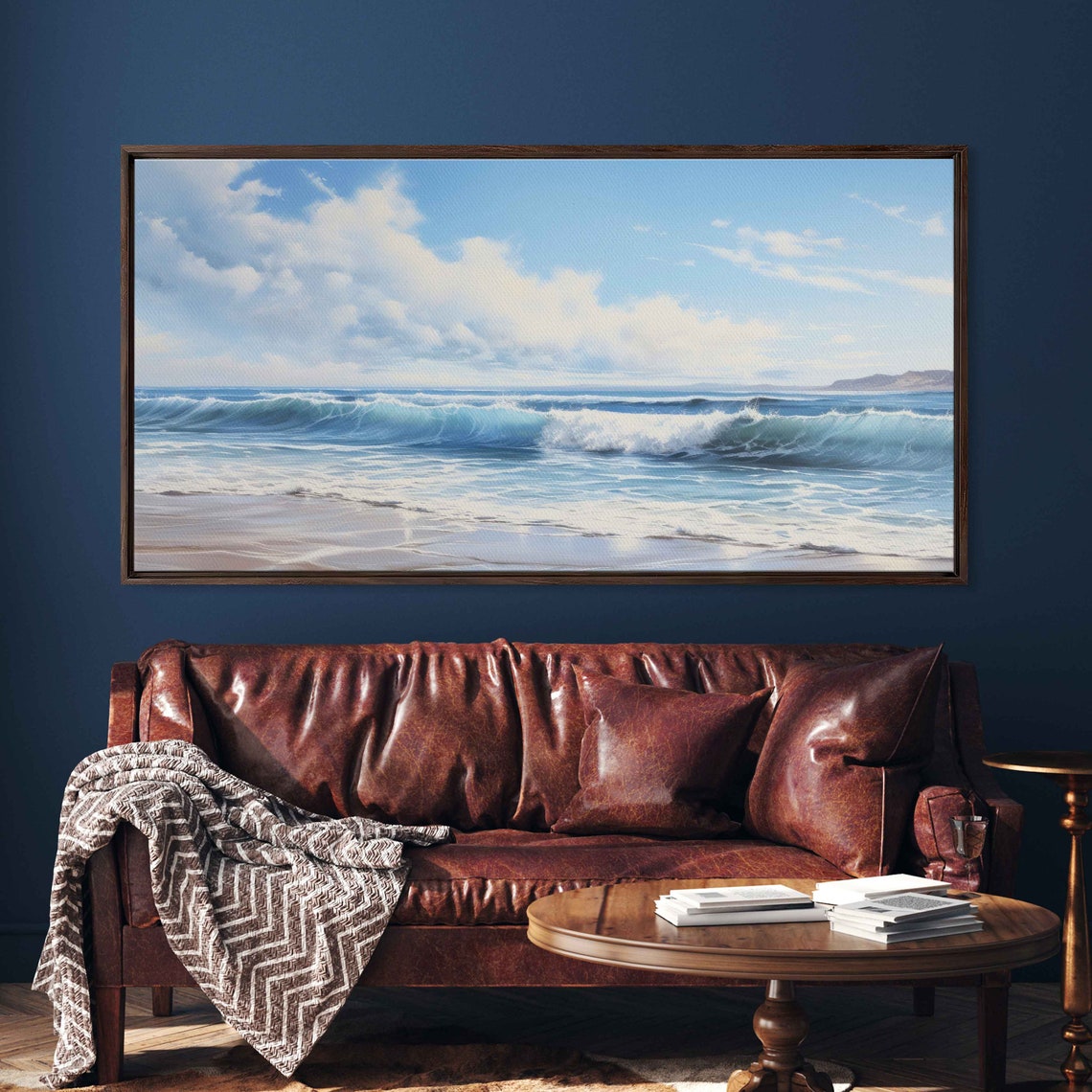 Rolling Ocean Waves Sandy Beach Bright Blue Sky Seascape Poster