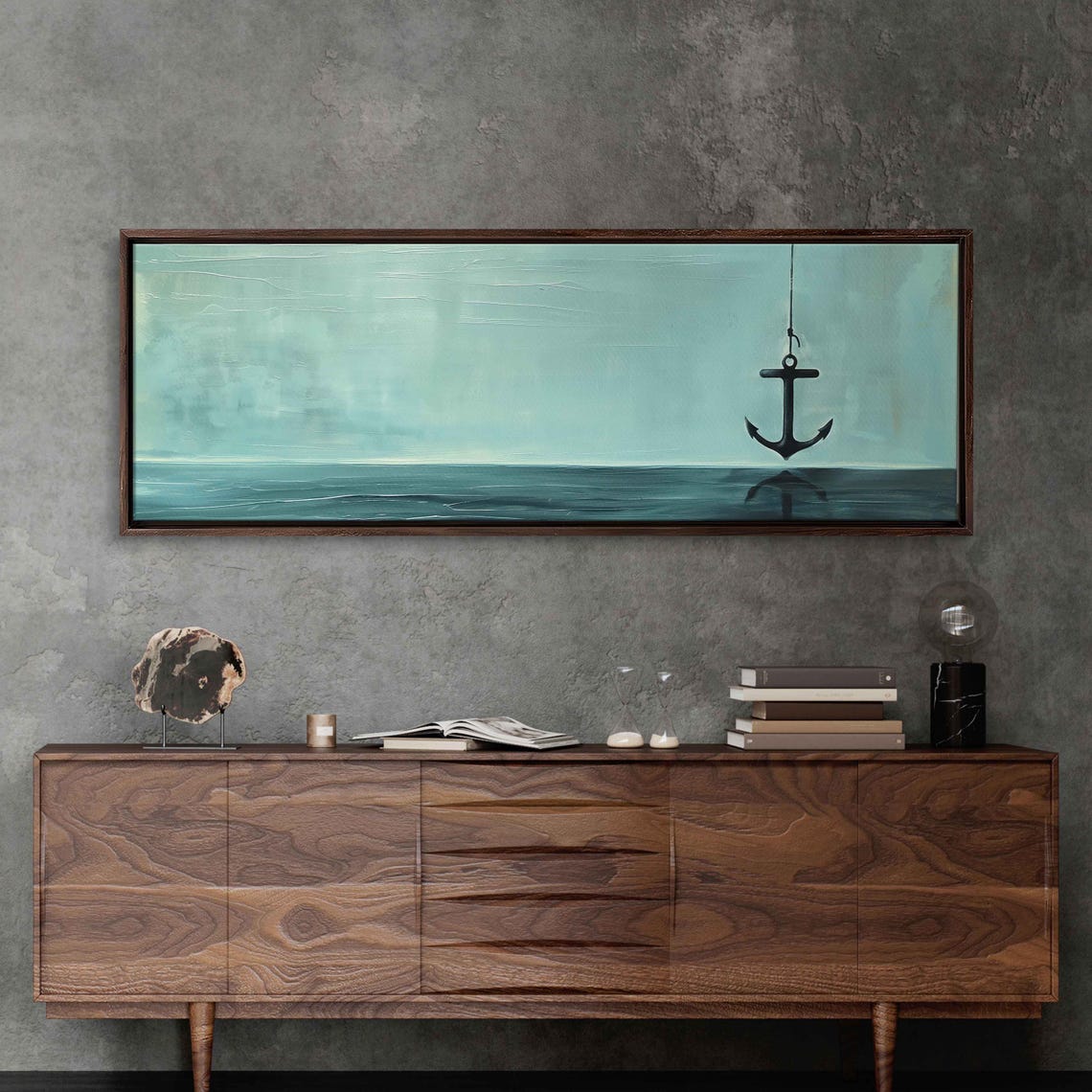Hanging Anchor Over Tranquil Teal Ocean Minimalist Nautical Wall Art - Image 3
