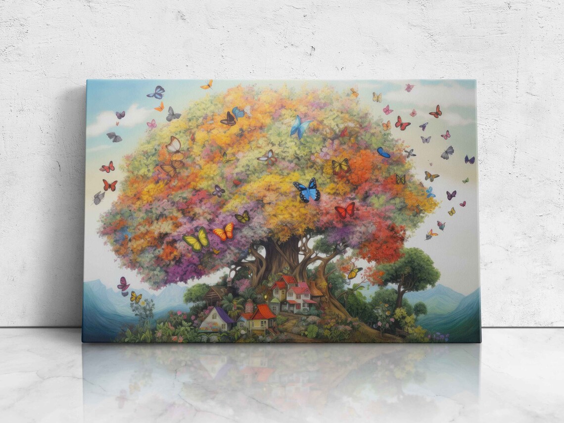 Rainbow Tree Of Life With Colorful Butterflies Fantasy Landscape Print