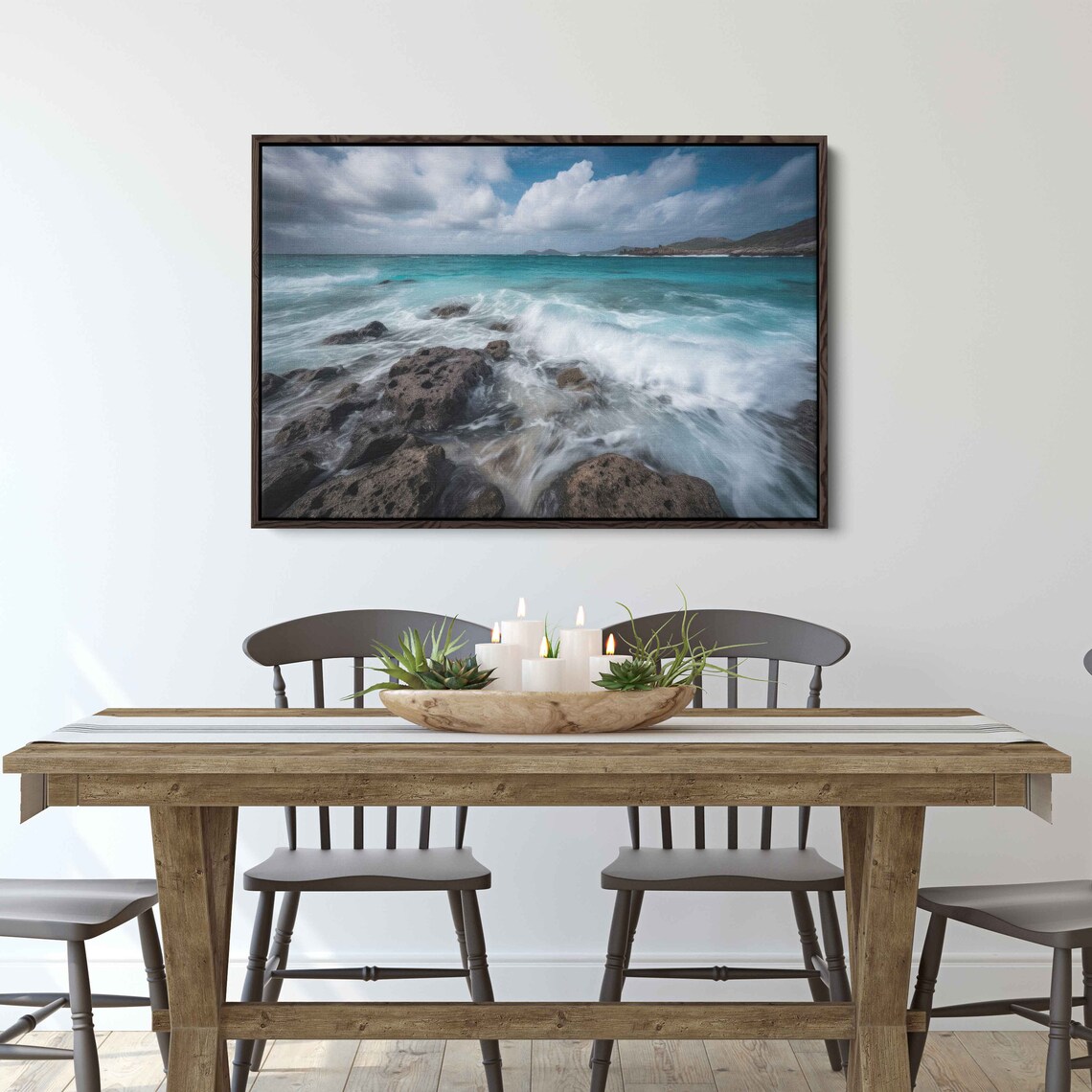 Turquoise Waves Crashing Dark Volcanic Rocks Rocky Beach Seascape Poster