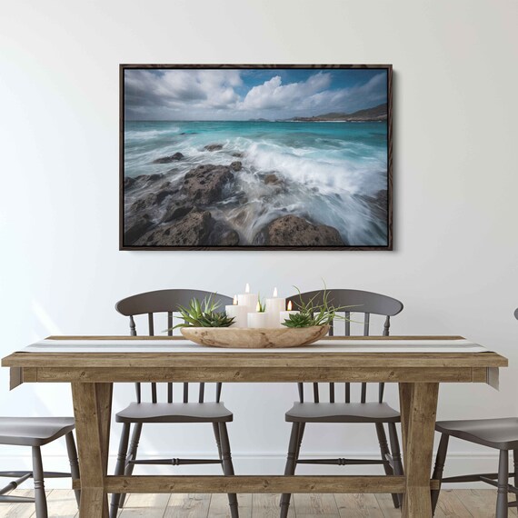 Turquoise Waves Crashing Dark Volcanic Rocks Rocky Beach Seascape Poster