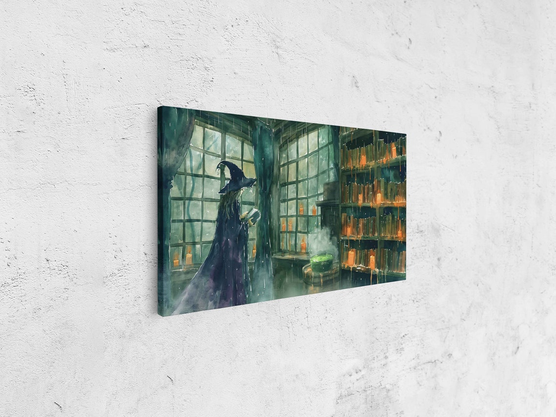 Witch Brewing Green Potion In Candlelit Library Watercolor Poster - Image 4