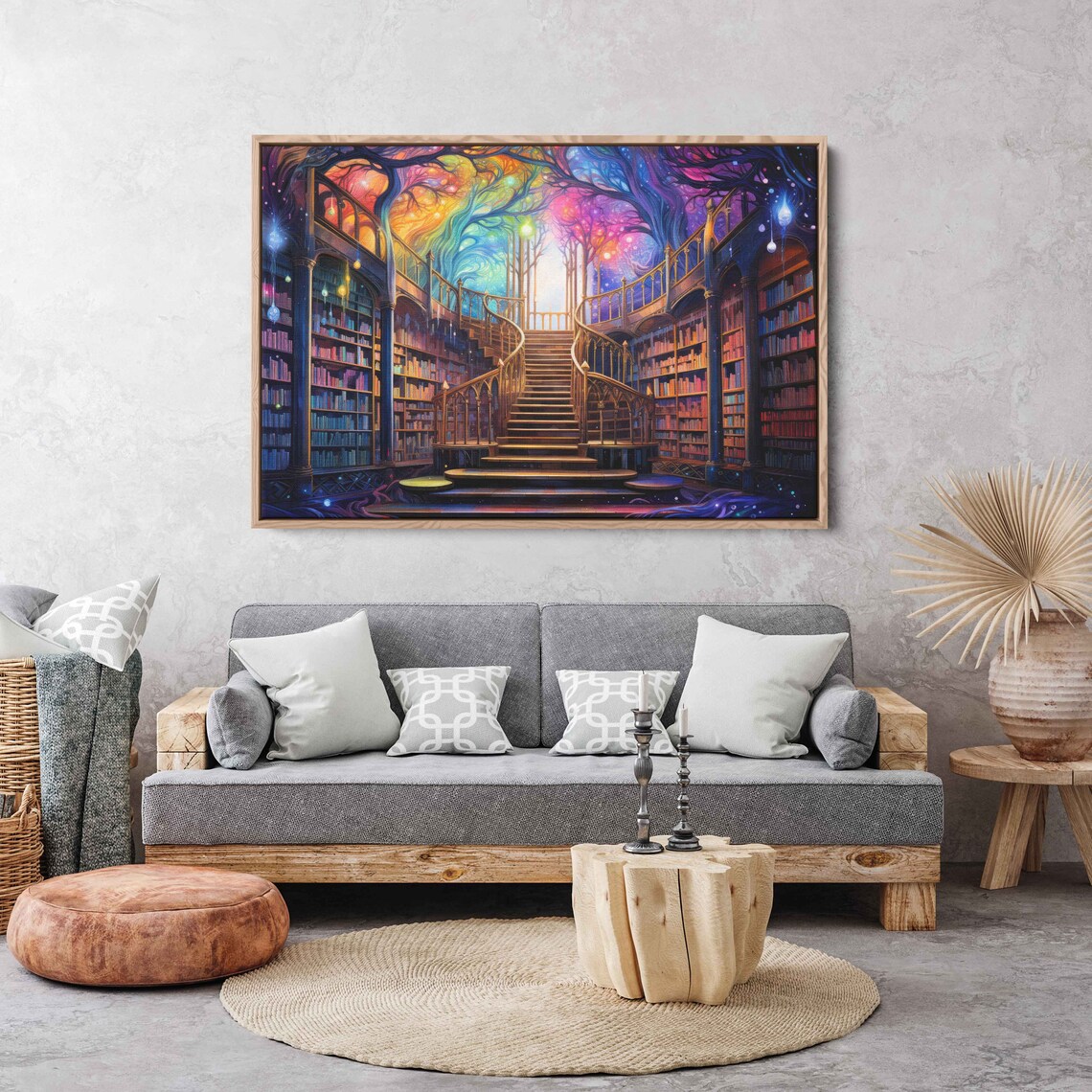 Magical Library Grand Staircase Rainbow Tree Fantasy Book Art Poster - Image 2