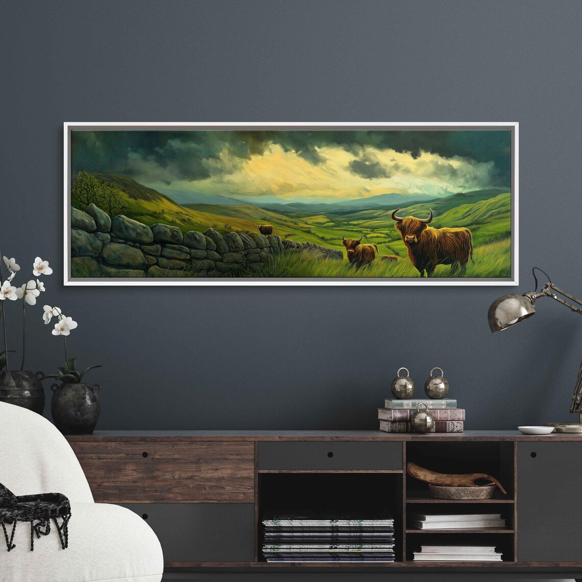 Highland Cows Panorama, Scottish Landscape Art Print - Image 3