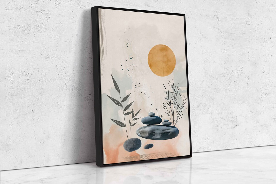 Zen Cairn Balancing Stones Golden Sun Watercolor Botanical Calm Wall Art - Image 4