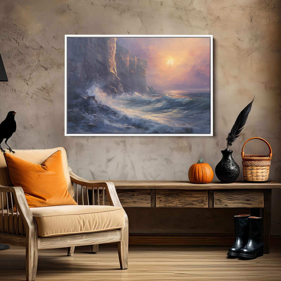 Crashing Ocean Waves Rocky Cliff Sunset Dramatic Seascape Poster - Image 2
