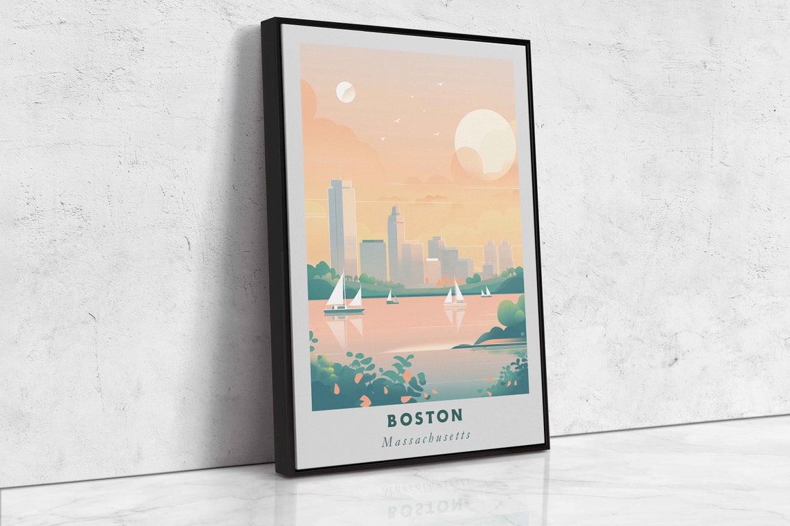 Boston Massachusetts Skyline Sailboats Harbor Sunset Travel Poster - Image 2