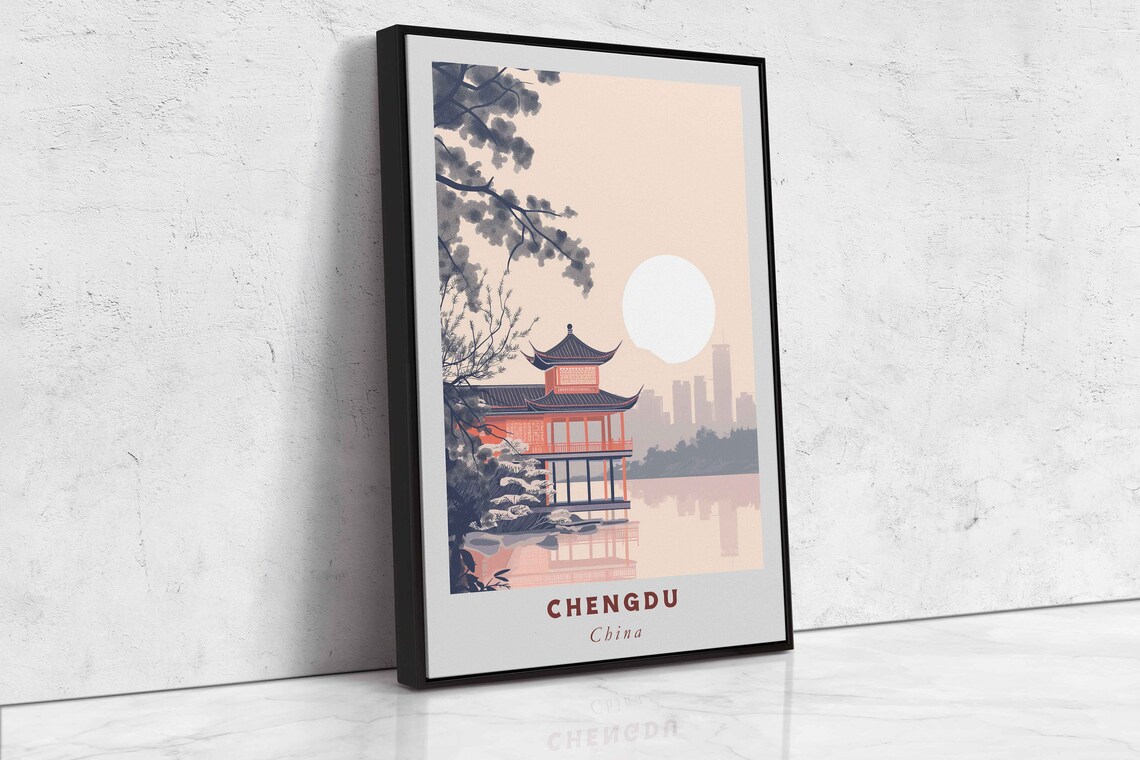 Chengdu China Red Pavilion Lakeside Sunrise Minimalist Travel Poster - Image 2