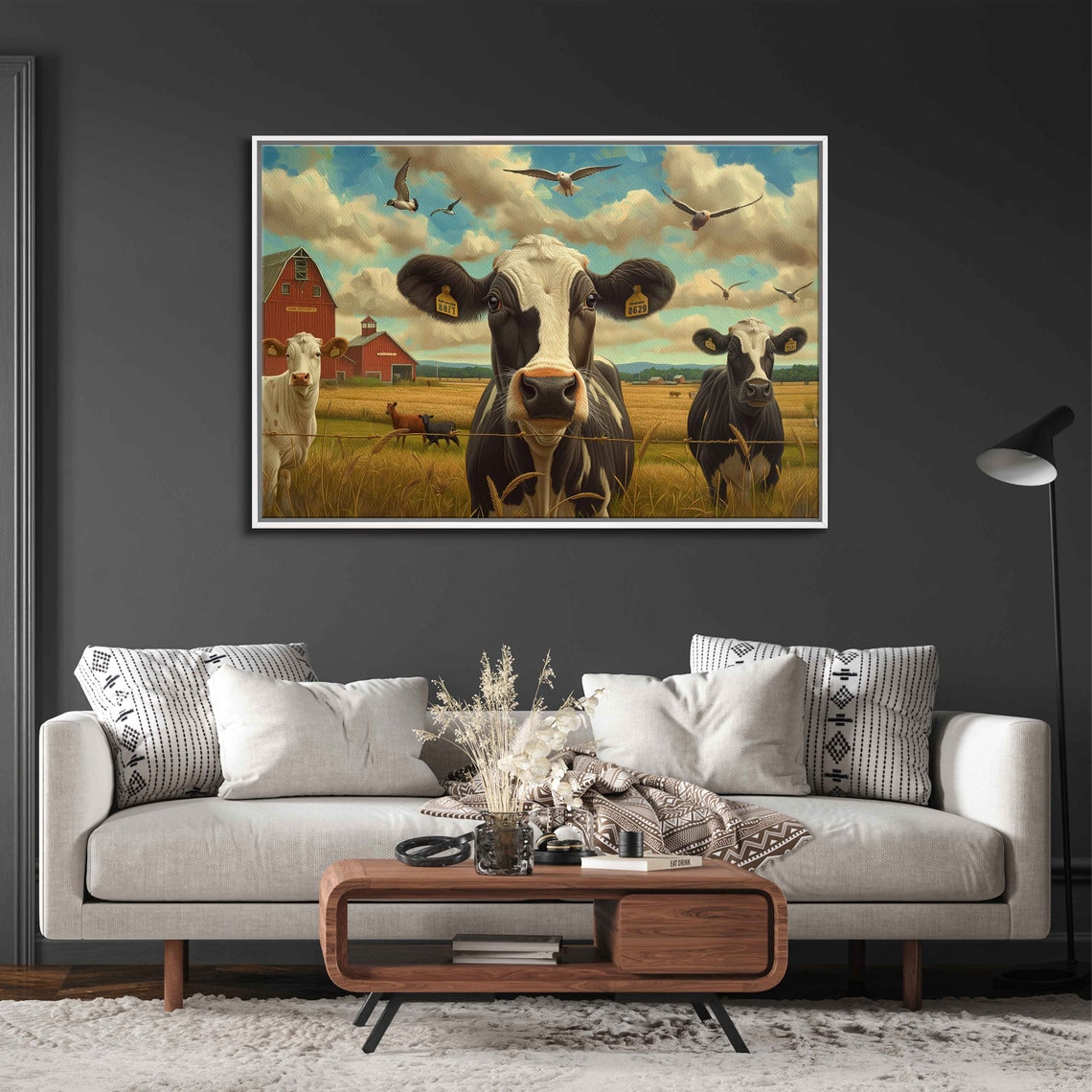 Three Cows Golden Pasture Red Barn Birds Flying Blue Sky Painting - Image 3