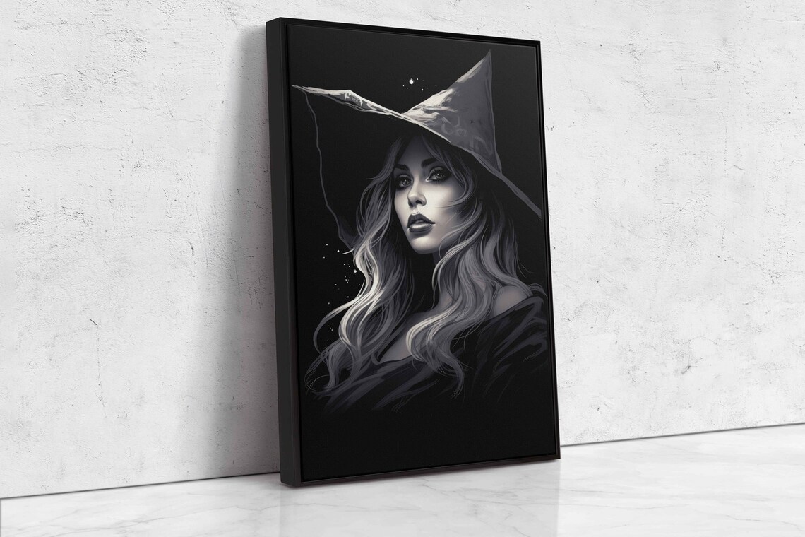 Celestial Witch Portrait Black White Pointed Hat Starry Night Halloween Print - Image 4