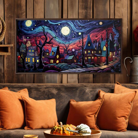 Starry Night Village Swirling Purple Sky Glowing Windows Fantasy Art Poster
