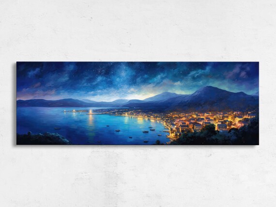 Coastal Town Night Lights Panoramic Bay Mountains Starry Sky Poster