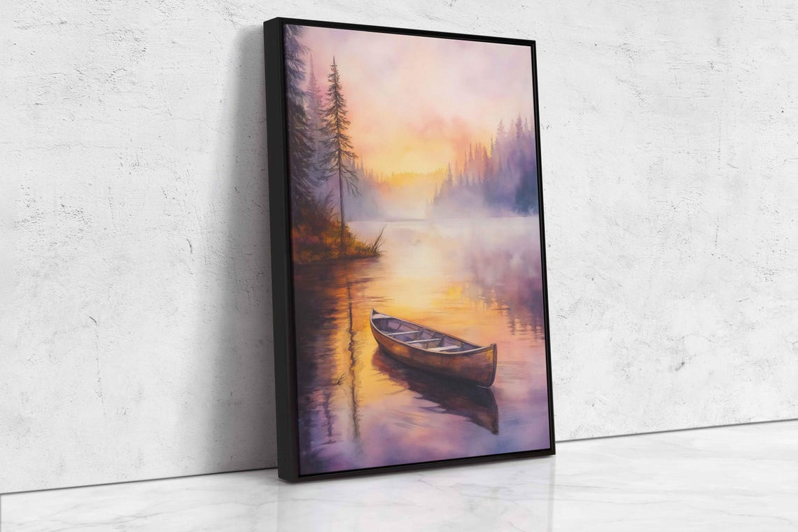 Camping Boat At Sunrise Wall Art Print Watercolor Misty River Peaceful Reflections - Image 4