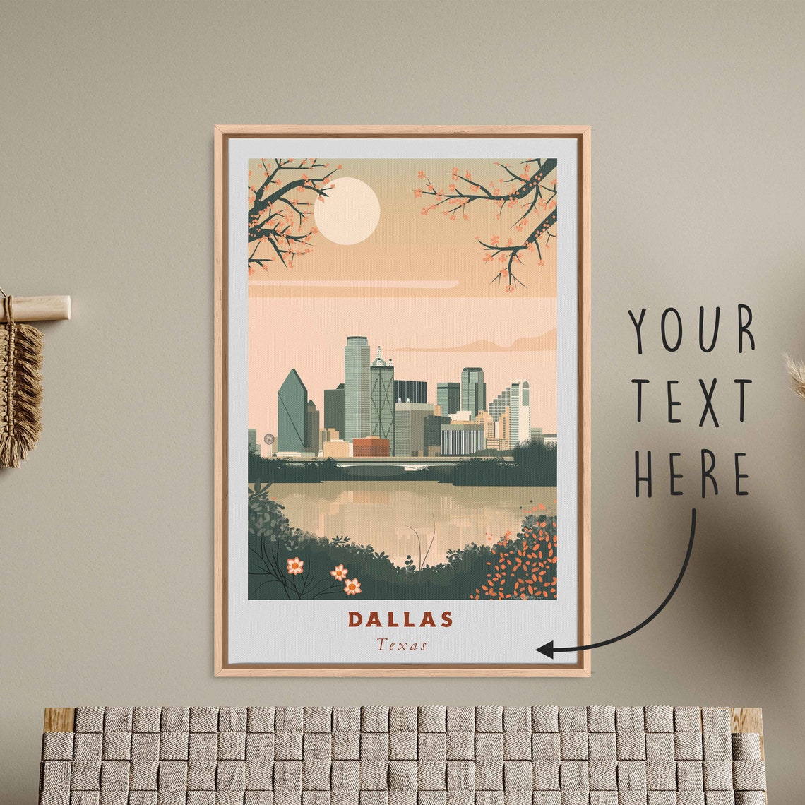 Dallas Texas Daytime Skyline River Flowering Trees Travel Poster