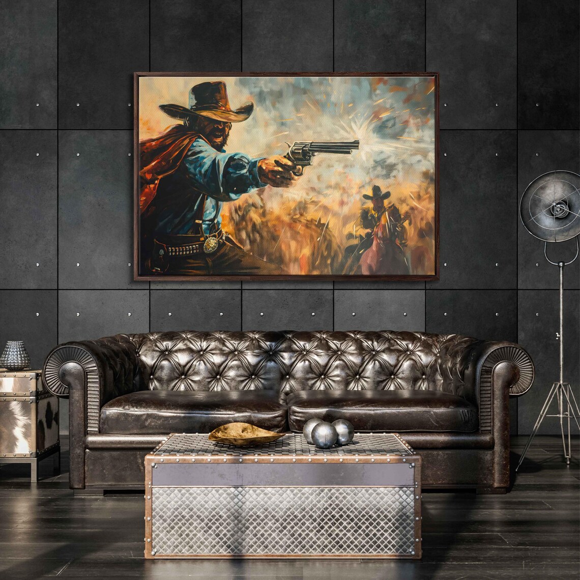 Vintage Cowboy Firing Revolver In Western Showdown Oil Painting Poster - Image 3