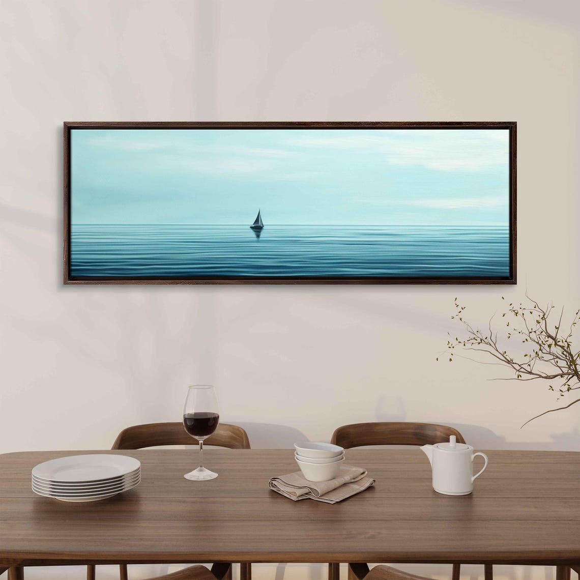 Distant Sailboat On Vast Teal Sea Ultra Minimal Panoramic Poster