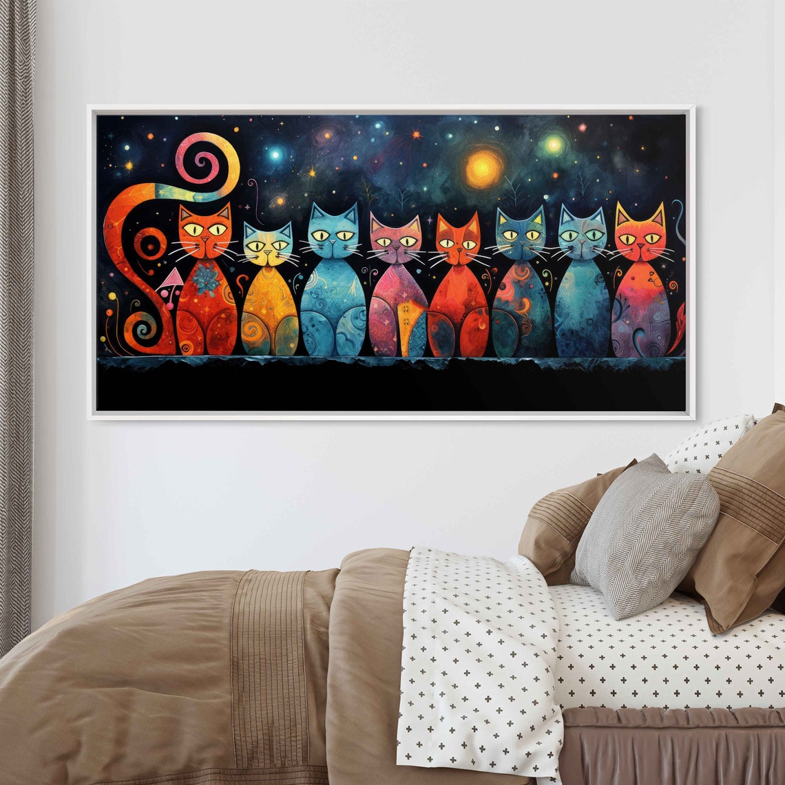 Celestial Colorful Cats Row Starry Night Sky Whimsical Panoramic Print - Image 3