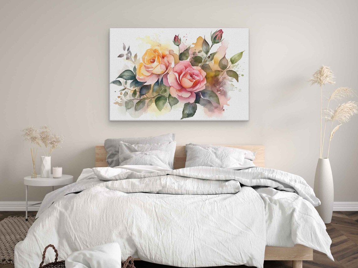 Watercolor Roses Blush Pink And Golden Peach Floral Bouquet Wall Art - Image 3