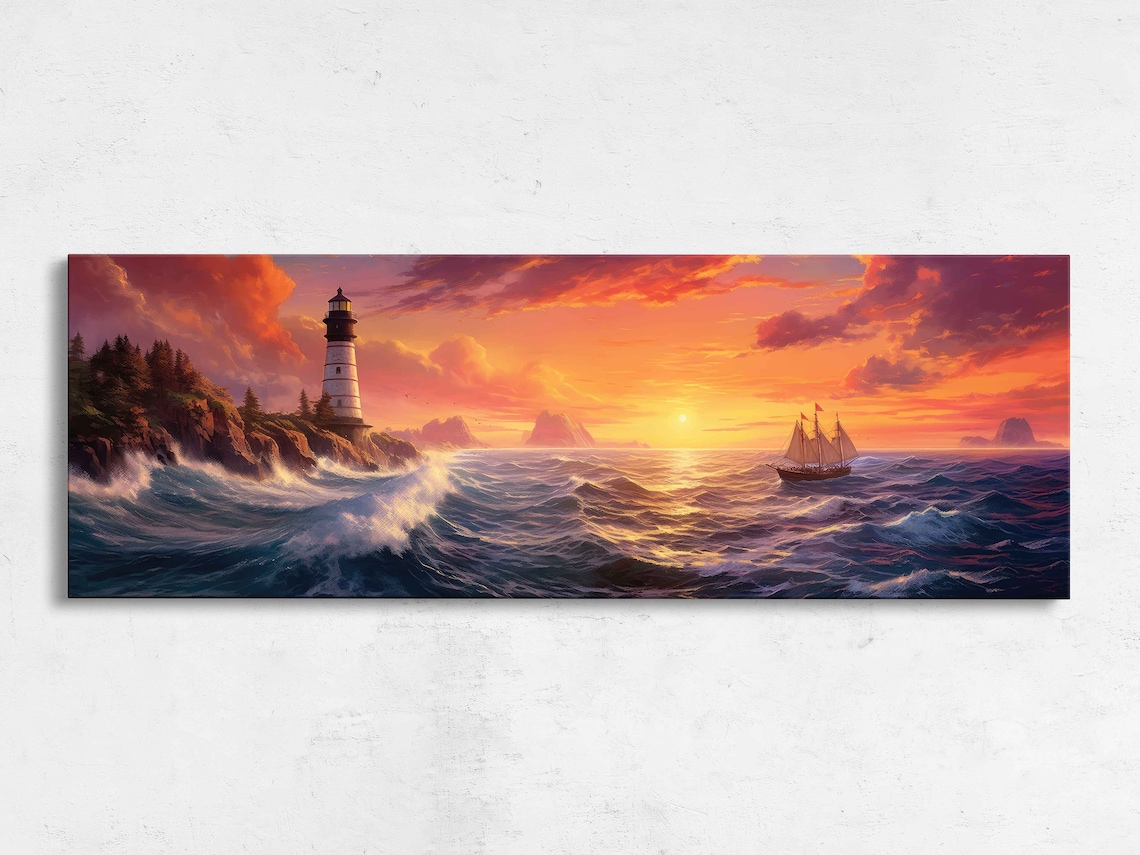 Lighthouse Seascape Oil Painting, Tropical Art Print