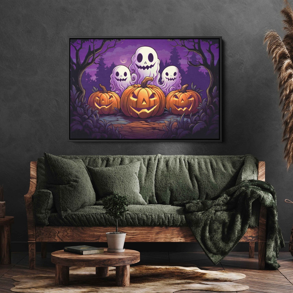 Cute Spooky Ghosts Jack O Lanterns Purple Night Halloween Wall Art - Image 3