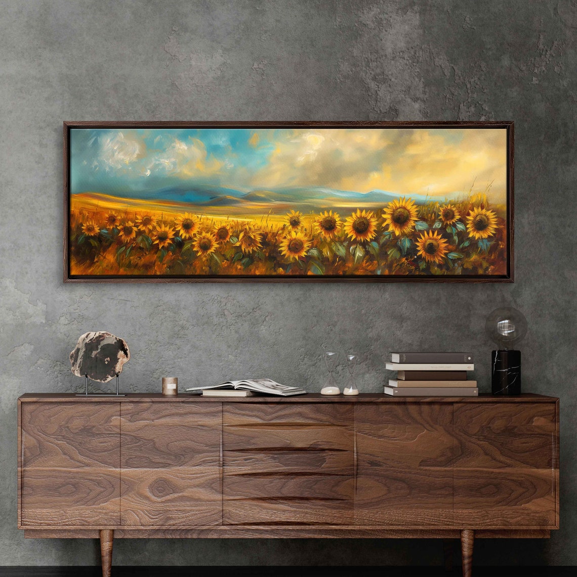 Sunflower Field Under Golden Sky With Distant Hills Acrylic Poster