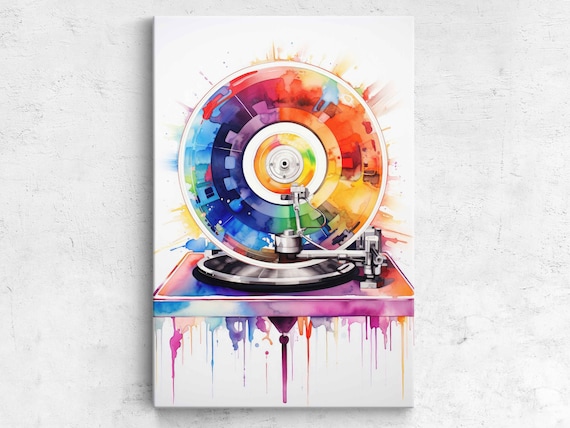 Colorful Record Player Rainbow Vinyl Watercolor Music Wall Art