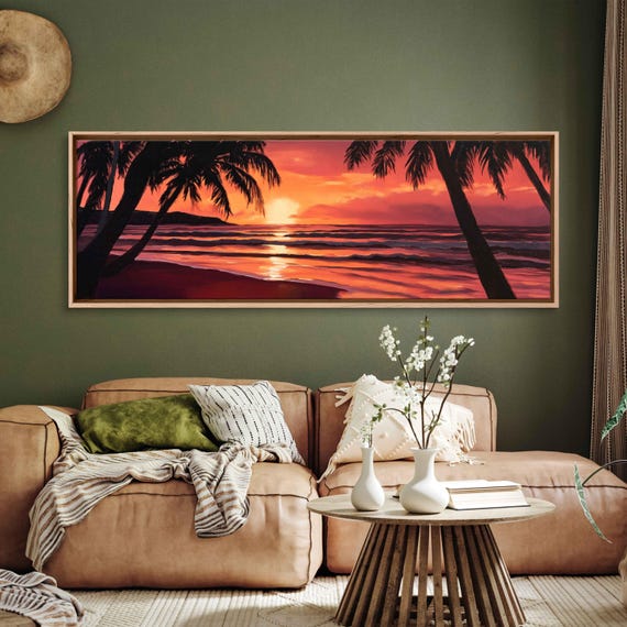 Vintage Beach Sunset Wall Art Print Silhouette Of Palm Trees Warm Hues
