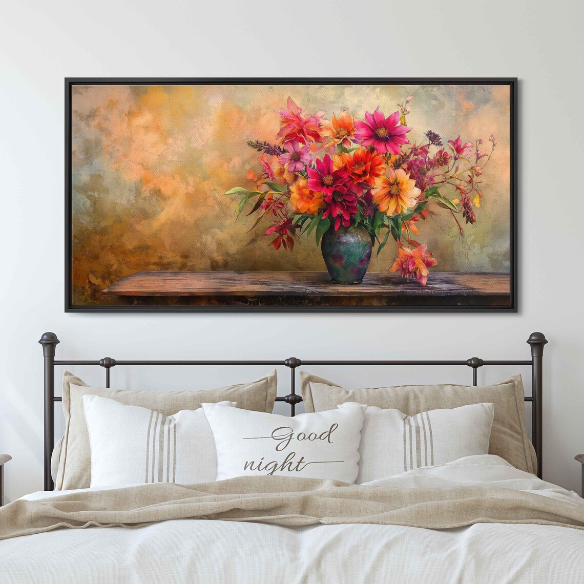 Vintage Flower Still Life Bouquet Dark Vase Wooden Table Autumn Poster