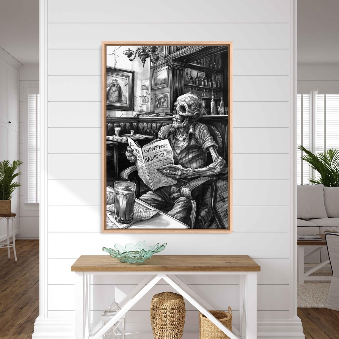 Skeleton Reading Newspaper At Cafe Table With Drink Funny Ink Art Poster - Image 3