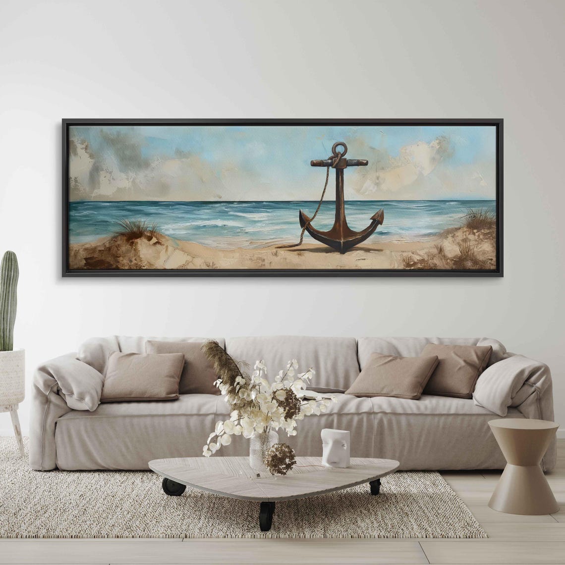 Vintage Anchor Standing Sandy Beach Ocean Waves Panoramic Poster - Image 3