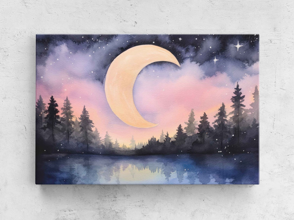 Watercolor Serene Night Sky Moon Print On Ready To Hang