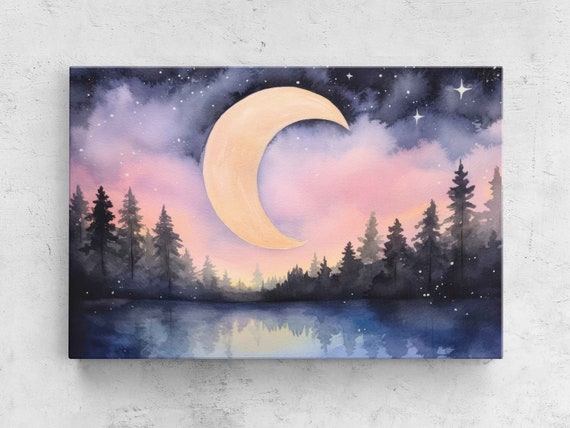 Watercolor Serene Night Sky Moon Print On Ready To Hang