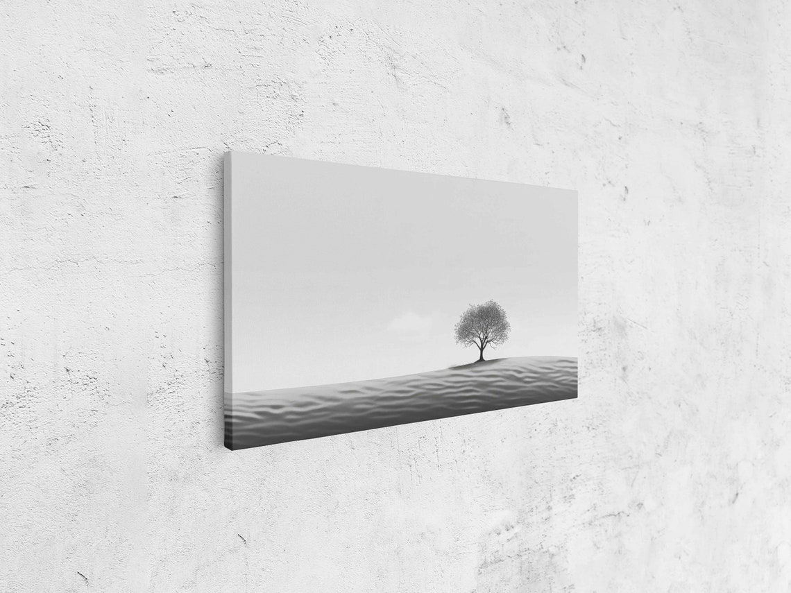 Lone Tree Minimalist Monochrome Line Art Desert Waves Wall Art Print - Image 4