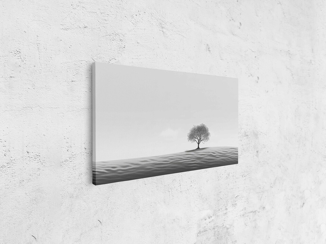 Western Grayscale Desert Line Art With Tree Framed Print Ready To Hang Monochrome Minimalist Mid Century Art - Image 4