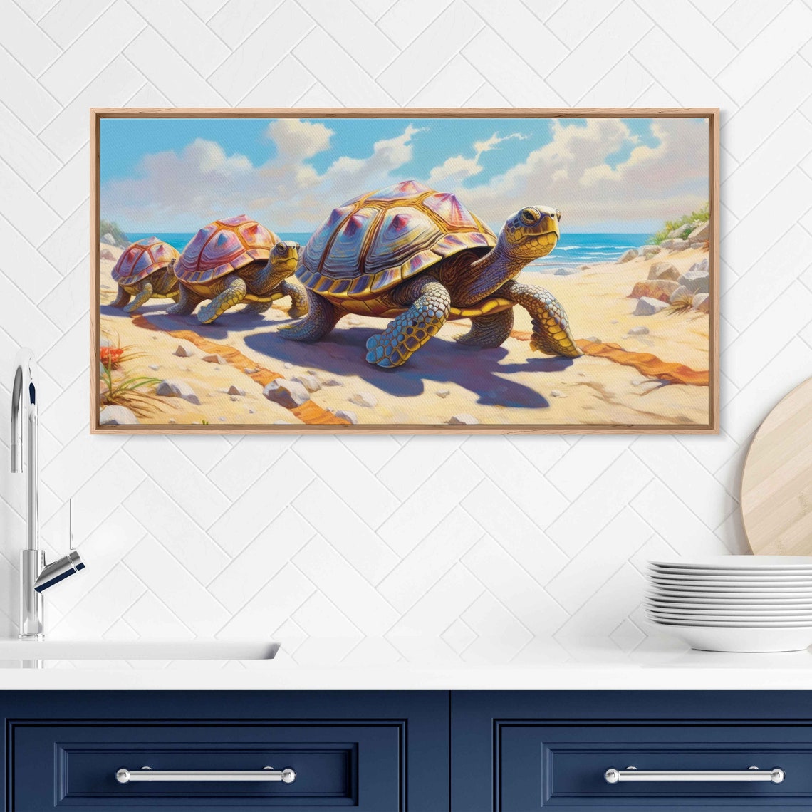 Three Turtles Walking Sandy Beach Ocean Waves Colorful Wall Art Poster