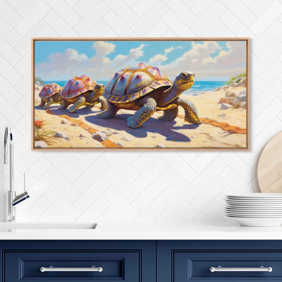 Turtles Walking On Beach Oil Painting Framed Print Ready To Hang
