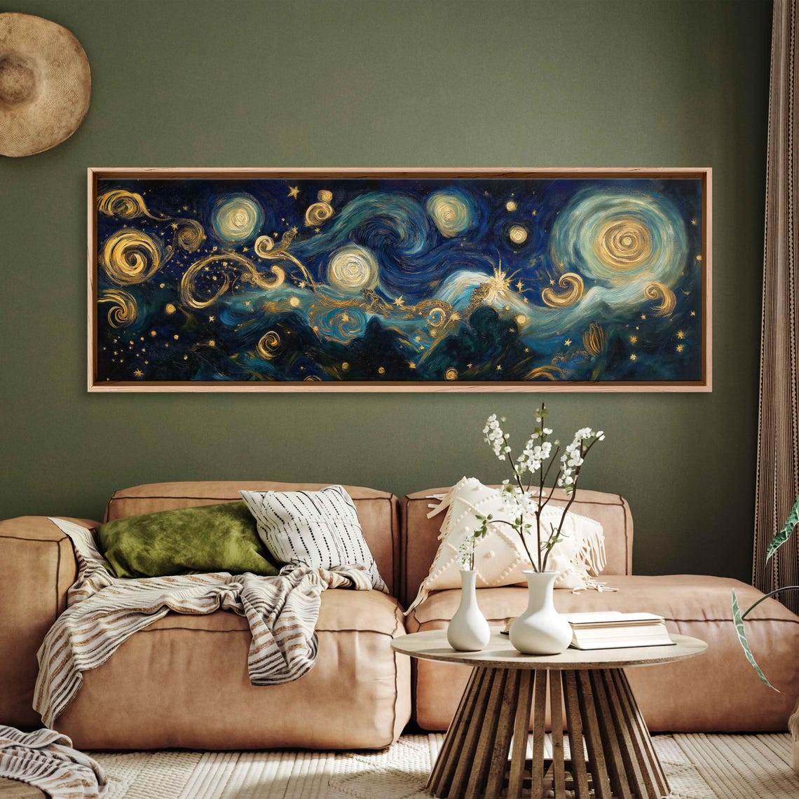 Mystical Night Sky Wall Art Print Swirling Stars Golden Spirals Celestial Figures - Image 3