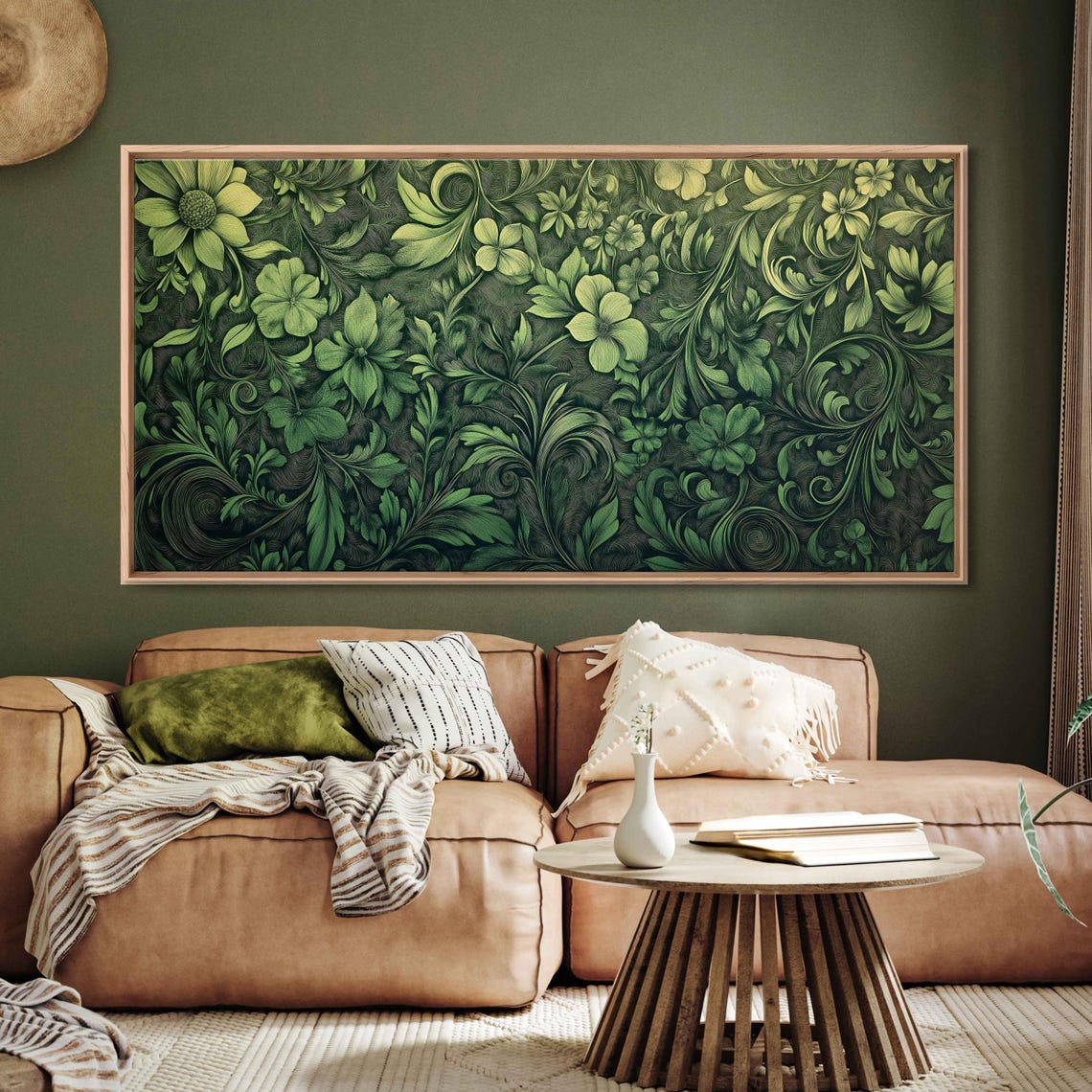 Monochromatic Green Floral Damask Intricate Botanical Pattern Poster