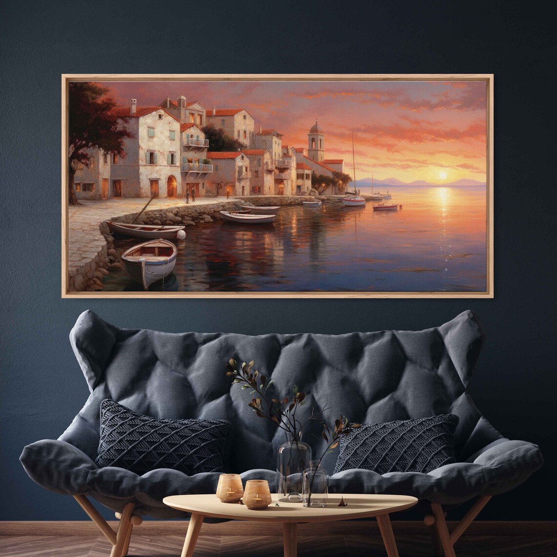 Mediterranean Harbor Sunset Sailboats Old Town Coastal Painting Travel Poster - Image 3