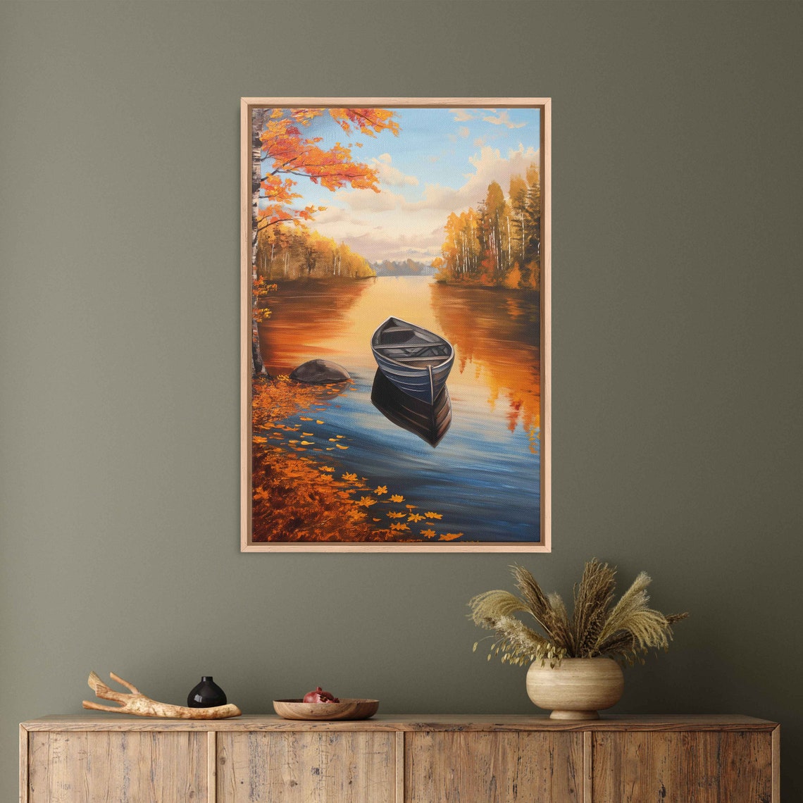 Lone Canoe On Calm Autumn Lake With Golden Birch Trees Painting Poster - Image 3
