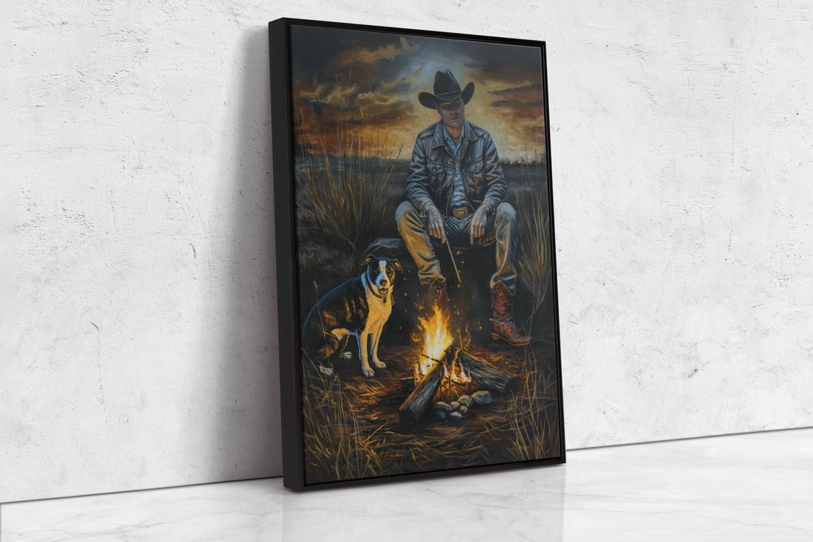 Cowboy And Dog Resting By Campfire Night Western Poster Print - Image 4