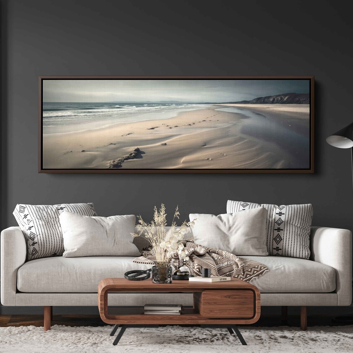 Empty Sandy Beach Panoramic Gray Sky Gentle Waves Minimalist Seascape Poster - Image 2