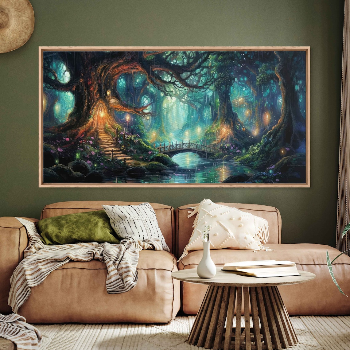 Enchanted Forest Village Fireflies Fantasy Art Print - Image 3